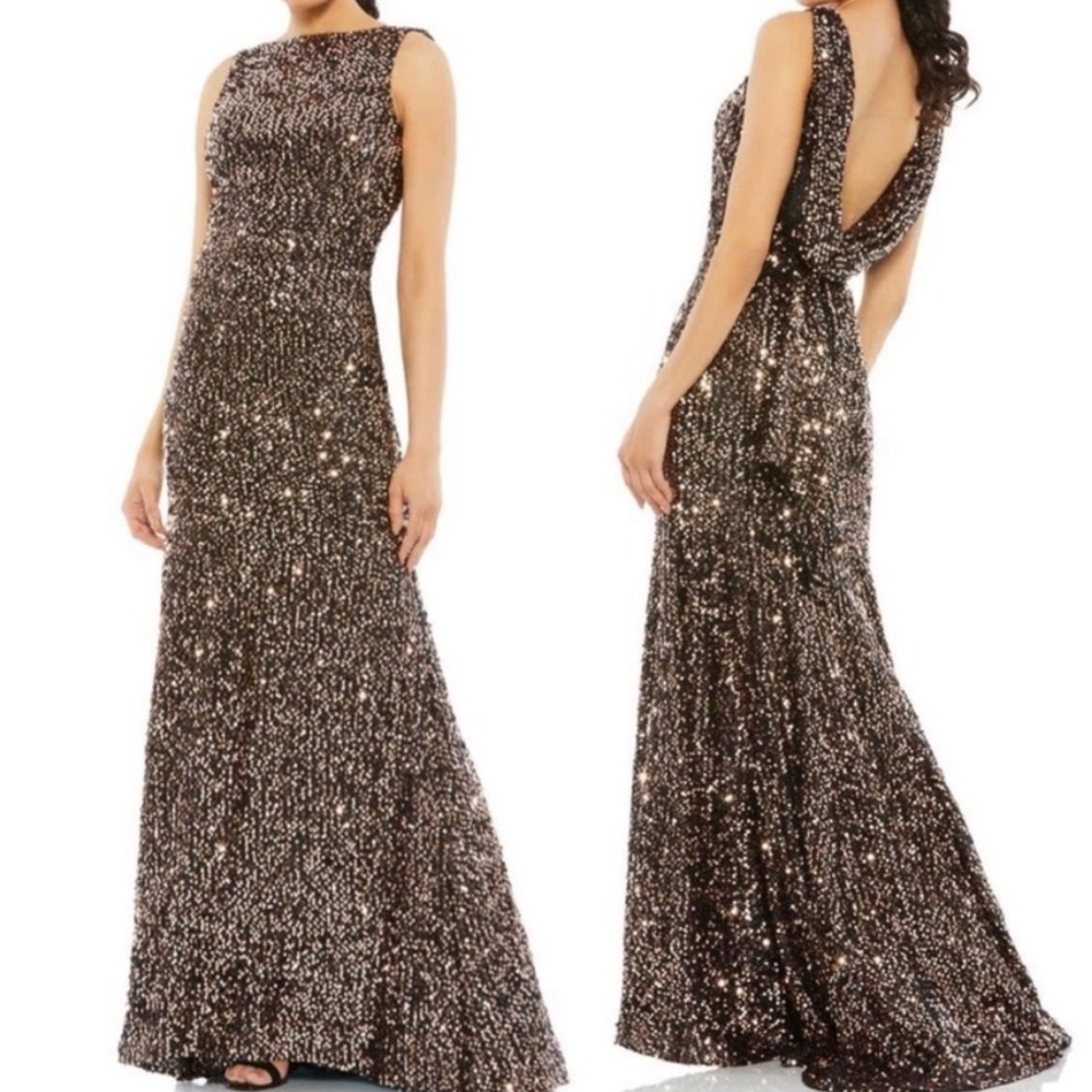 Mac Duggal 26331 Womens Bronze Sequin High Neck Exposed Back Gown Dress NWT
SZ O